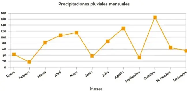 Gráfica de línea titulada 'Precipitaciones pluviales mensuales'. Eje horizontal: meses del año. Eje vertical: precipitación en mm (0 a 180). Línea naranja con puntos que muestran los valores mensuales.