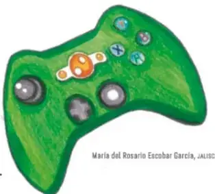 Ilustración de un control de videojuego verde con botones de colores.