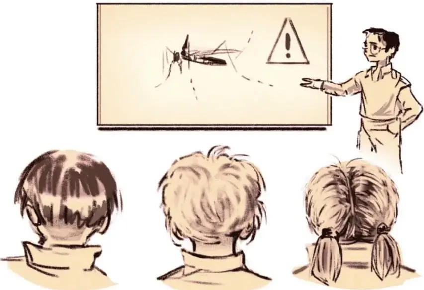 Ilustración de un niño señalando un pizarrón con el dibujo de un mosquito y un signo de advertencia, frente a tres compañeros de espaldas.