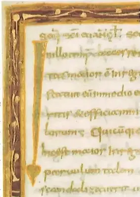 Detalle de una hoja de un libro de los evangelios del siglo noveno, escrita con tinta mezclada con oro y plata.