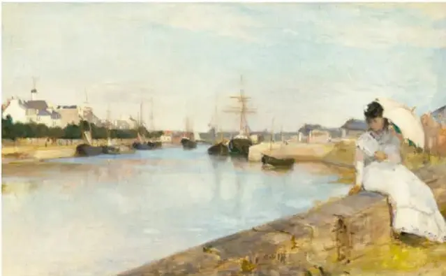 Pintura 'El puerto de Lorient' (1869): paisaje portuario con embarcaciones, muelles y una mujer con sombrilla sentada a la derecha.