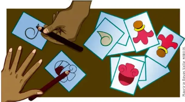 Ilustración de dos manos dibujando y organizando tarjetas de un memorama con rostros y figuras; crédito: Mauricio Reyes Vallin, Noblus.
