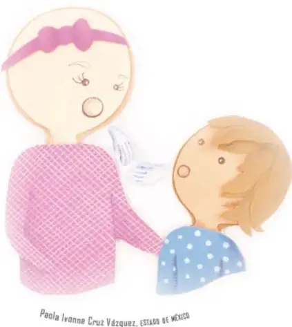 Ilustración de Juana (camiseta rosa, listón morado) abrazando y sonriendo a Camilo (pijama azul con puntos) mientras bosteza; ambos están tranquilos.