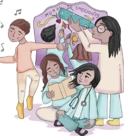 Ilustración de Tania Villanueva López (Puebla): grupo de niños preparando un mural que dice "MURAL DE EMOCIONES", una niña leyendo un libro, un niño cantando con notas musicales.
