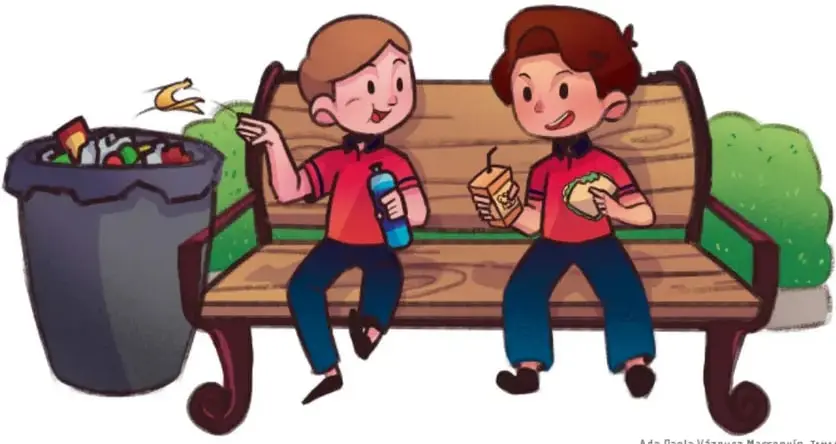 Ilustración de dos niños sentados en una banca del patio escolar, uno con botella y otro con comida, junto a una cubeta de basura desbordada; crédito a Ada Paola Vázquez Marroquín, Tamaulipas.