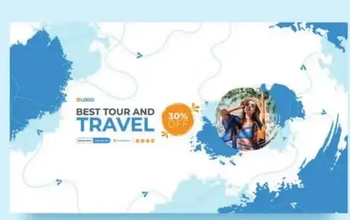 Banner de turismo 'BEST TOUR AND TRAVEL 30% OFF' con efecto acuarela azul y una foto circular; al lado, el mismo banner mostrado en pantalla de computadora.