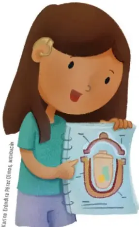 Niña con cabello castaño sostiene un cuaderno con el dibujo de un refrigerador casero de barro.