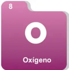 Recuadro del elemento Oxígeno (O), número atómico 8, con fondo rosa/magenta.