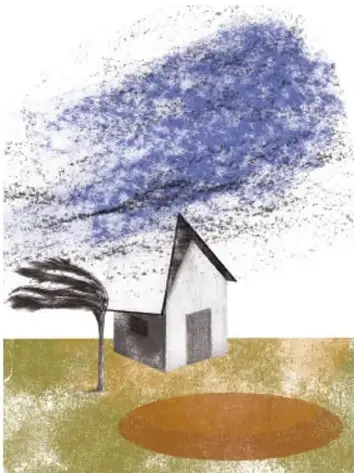 Ilustración de una fábrica con chimeneas que expelan humo, un automóvil amarillo y árboles, representando la contaminación (Rosana Mesa Zamudio, Puebla).