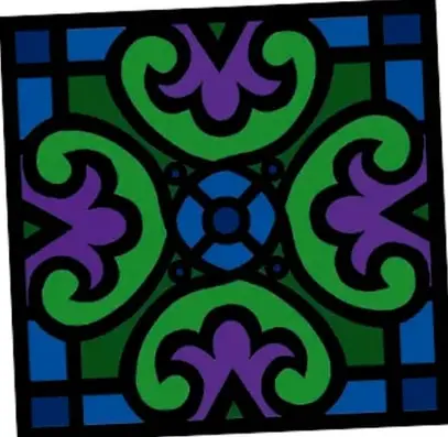 Ilustración de un vitral o mosaico con formas geométricas y vegetales en colores verde, morado y azul.