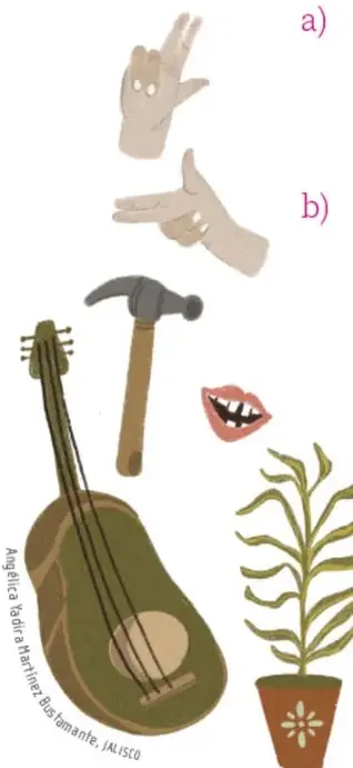 Manos en varias posiciones (contando, señalando), un martillo, una guitarra, una boca sonriente, una planta en maceta, ojos con cejas y una nariz, unas piernas con calcetas y charolas, un balde con pinceles.