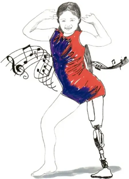 Ilustración de una niña sonriente bailando con una prótesis en la pierna izquierda, rodeada de notas musicales; firma de Liliana Edith Hernández Ramales, Ciudad de México.