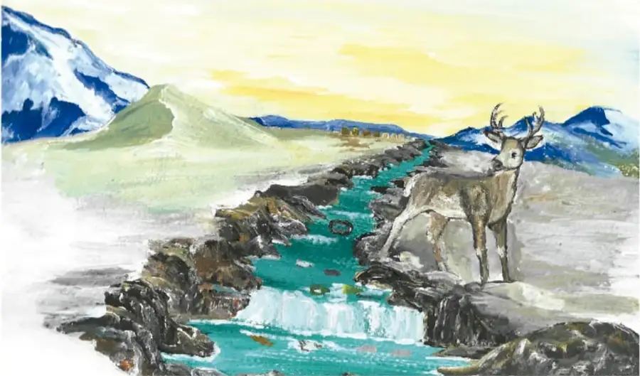 Ilustración de un venado junto a un arroyo de agua turquesa entre rocas, con montañas nevadas y un atardecer amarillo al fondo. Firma: Abdón Pinedo García, Zacatecas.
