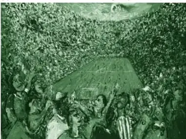Pintura 'La pasión por los colores' de Jazzamoart: grada de estadio repleta de aficionados de pie que levantan las manos y festejan, pintada con manchas de colores intensos.