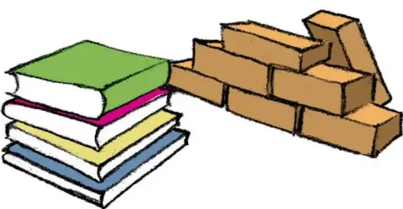 Ilustración de una pila de libros de colores (verde, rosa, azul, blanco) junto a un muro escalonado hecho de ladrillos color tierra.