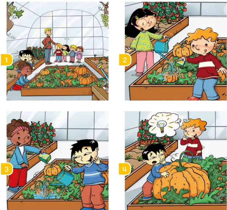 Escena 2: niña riega las plantas y niño cuida las calabazas.