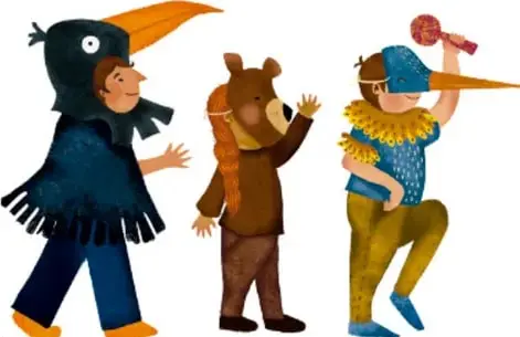 Ilustración de tres niños disfrazados (uno con capa, otro con pelaje de animal y otro con penacho y trompeta) jugando, créditos a Ana María Hernández Hernández, Ciudad de México.