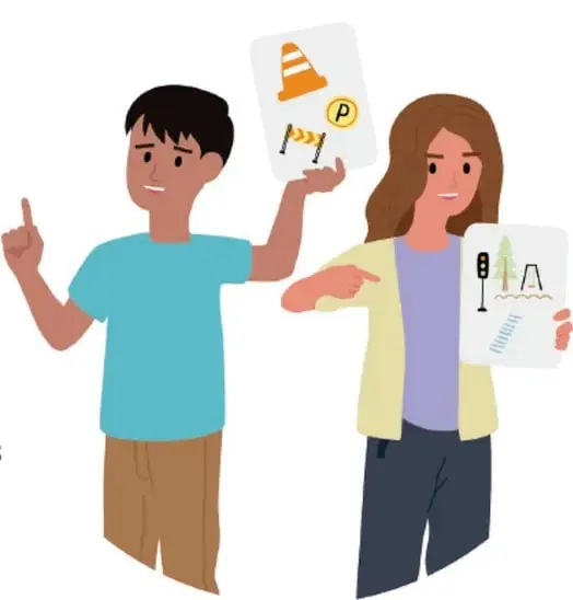 Ilustración de dos niños mostrando tarjetas con señales de advertencia y peligro de su comunidad.