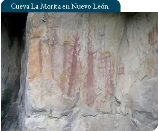 Pinturas rupestres en la cueva La Morita, Nuevo León, con figuras humanas y animales.