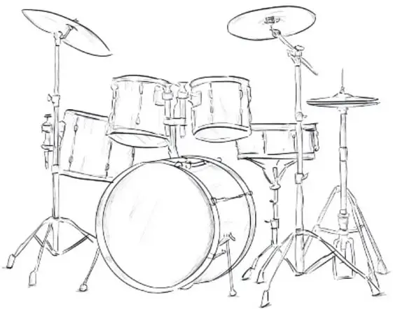 Dibujo a lápiz de una batería completa con platillos y banqueta.