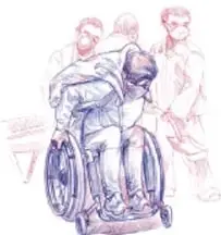 Ilustración en tonos morados de personas en silla de ruedas y de pie, representando a la población vulnerable ante riesgos.