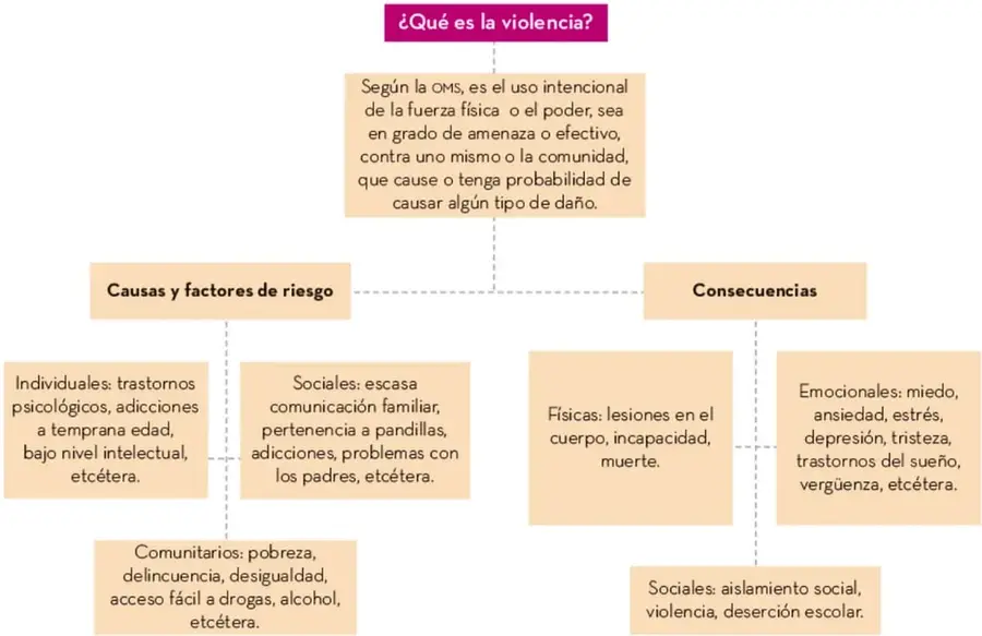 Mapa conceptual titulado '¿Qué es la violencia?' con la definición de la OMS en el centro y dos ramas: 'Causas y factores de riesgo' (individuales, sociales, comunitarios) y 'Consecuencias' (físicas, emocionales, sociales), conectadas con líneas punteadas.
