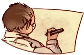 Ilustración de un estudiante escribiendo en una hoja grande, con lápiz en mano.