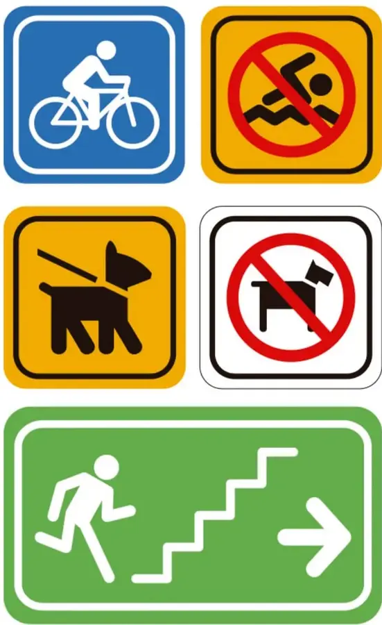 Seis señalamientos: bicicleta (placa azul), prohibido nadar (amarilla con círculo rojo), perro guía (amarilla), prohibido perros (blanca con círculo rojo), salida de emergencia (roja) y ruta de evacuación por escaleras (verde con flecha).