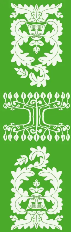 Franja verde con ornamentos blancos: un rostro estilizado con hojas, un árbol con raíces y ramas, y otro ornamento vegetal con máscara.