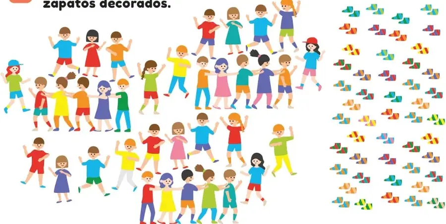 Grupo de niños y niñas bailando, con vestimenta de colores, y a la derecha una gran cantidad de zapatos decorados dispersos.