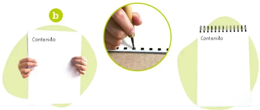 Mano perforando hojas para unirlas.