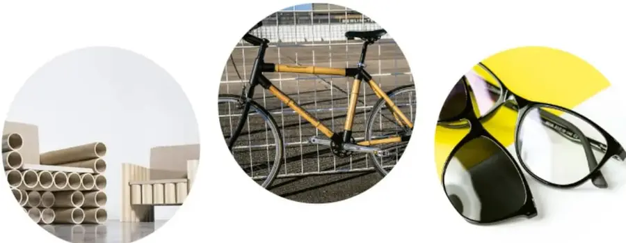 Tres ejemplos de productos sustentables: una silla hecha con madera y tubos de cartón reusado (izquierda), una bicicleta con marco de bambú (centro) y unos lentes con armazón de plástico reciclado (derecha).