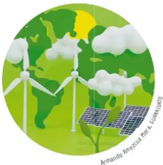 Planeta Tierra con molinos de viento y paneles solares, representando energías renovables. Crédito: Armando Amezcua Mora, Guanajuato.
