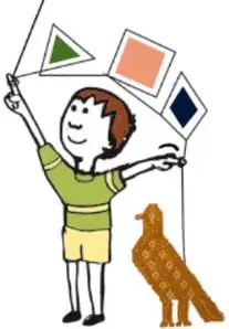 Ilustración de un niño sosteniendo un papalote con figuras geométricas y un perro, con la leyenda 'Rutila Vega Rubio, Tlaxcala'.