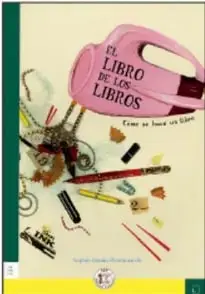 Portada de El libro de los libros: fondo claro con una caja rosa que contiene materiales de dibujo y el título en varios idiomas.