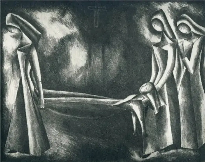 Reproducción de la obra *Sueño macabro* (1967) de Lola Cueto: figuras alargadas y fantasmales en tonos oscuros, con una cruz al fondo.