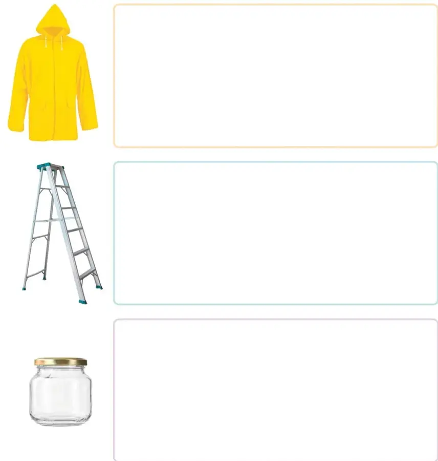 Parca o chaqueta impermeable amarilla con capucha; a su derecha un recuadro en blanco para dibujar o pegar un recorte.