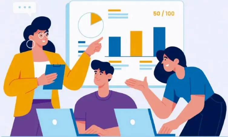 Ilustración de tres personas (equipo de trabajo) frente a un tablero con gráficas de pastas y barras que muestra el avance del proyecto 50/100, con laptops sobre la mesa.