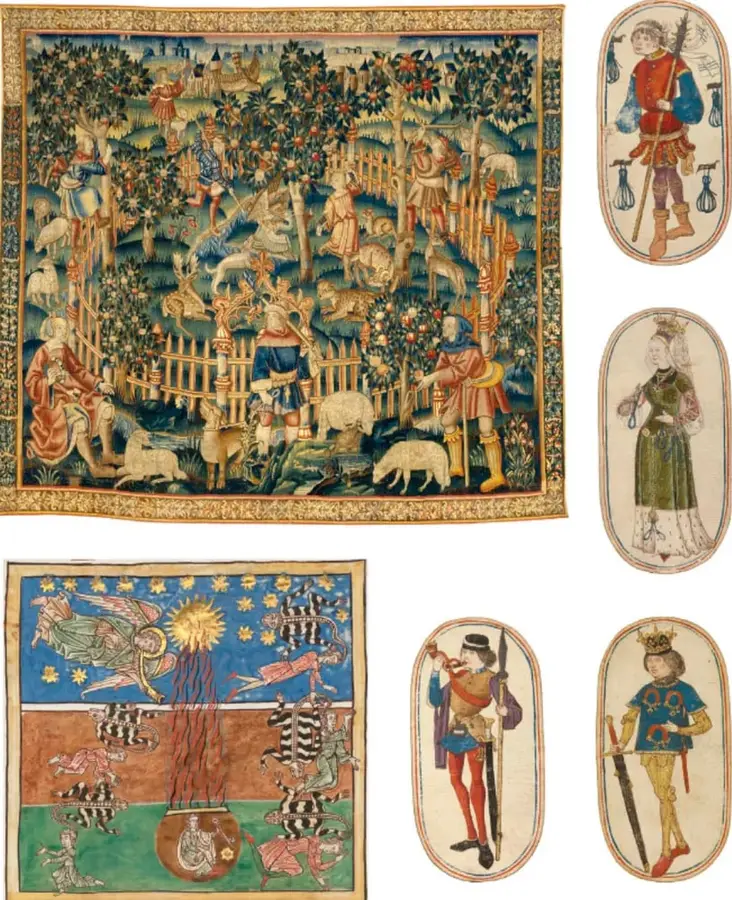 Tapiz medieval que representa una escena cortesana de caza y vida señorial en un jardín cercado, con nobles, animales y árboles frutales.
