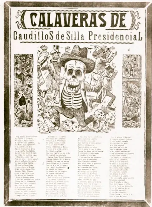 Hoja volante titulada 'Calaveras de caudillos de silla presidencial' con una calavera central con sombrero rodeada de calaveras y columnas de versos.