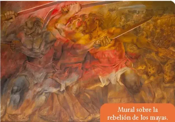 Mural sobre la rebelión de los mayas, con figuras humanas en actitud de lucha y colores cálidos.