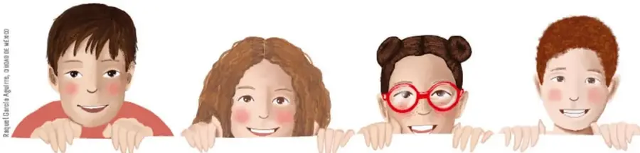 Ilustración de cuatro niños y niñas asomados sobre una línea, sonriendo.