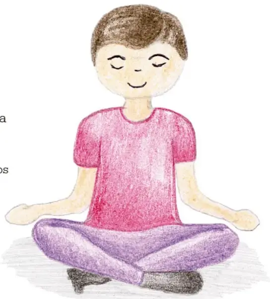 Ilustración de un niño sentado con las piernas cruzadas, los ojos cerrados y las manos sobre las rodillas, en actitud de relajación.
