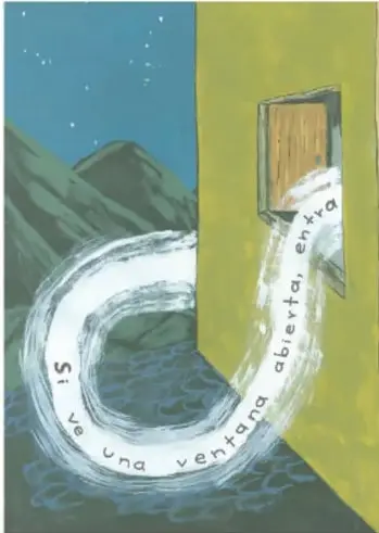 Interior de una casa: el viento entra por una ventana abierta y se desliza bajo la cama donde duerme una niña de trenzas; montañas y cielo estrellado se ven por la ventana.