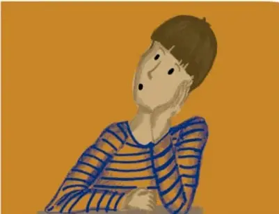 Ilustración de una persona joven con playera de rayas azules y blancas, con la mano en el mentón y la mirada hacia arriba, sobre fondo ocre. Crédito: Mónica Mendoza Cruz, Ciudad de México.