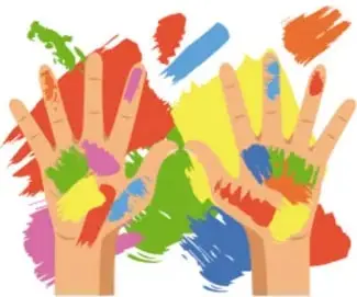 Dos manos infantiles pintadas de colores con huellas de pintura alrededor, representando pintura con los dedos.