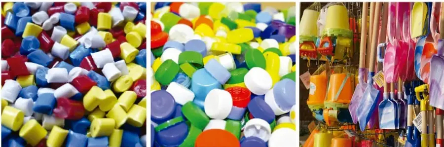 Granulados plásticos de colores, tapas y tapones plásticos de botellas, y utensilios/artículos de plástico colgados en un mercado.