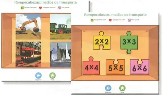 Capturas de pantalla de un juego de rompecabezas sobre medios de transporte.