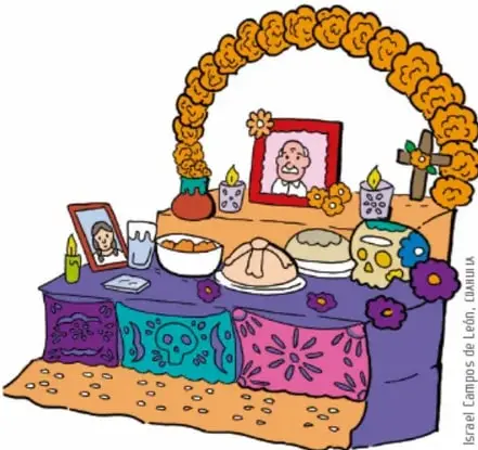 Ilustración de una ofrenda o altar de Día de Muertos con flores de cempasúchil, retratos, veladoras, pan y cruz.