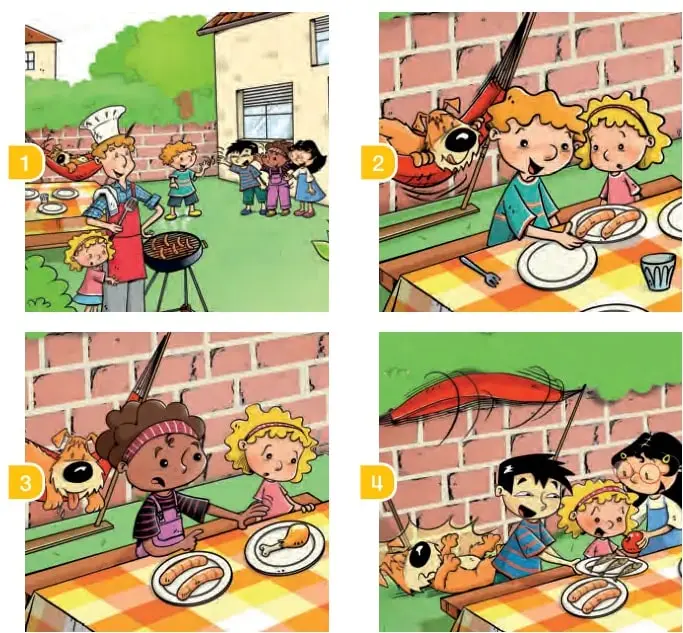 Cuatro viñetas de una historia: 1) niños y adulto en un patio con parrilla; 2) niña y niño comiendo pasta; 3) niña y gato junto a una reja; 4) niños comiendo al aire libre con un gato.